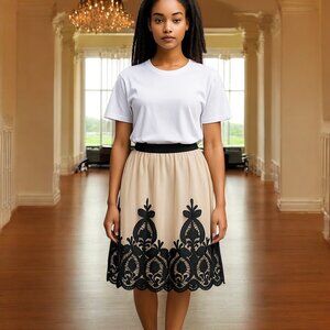 Akira Black Label Full Skirt Women's L Black Beige Mesh Applique Lined Romantic